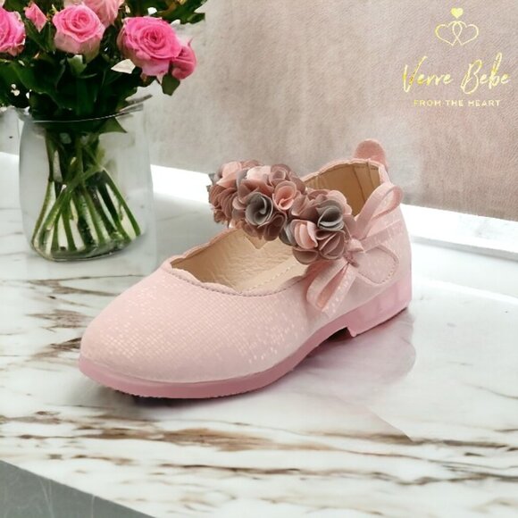 Girls Pink Flats with Flower Straps - Picture 1 of 4